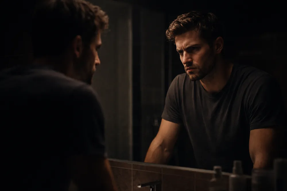 A man with a serious expression stands at a bathroom sink, looking at himself in the mirror with both hands resting on the counter, reflecting on self-love for men and male sexuality.