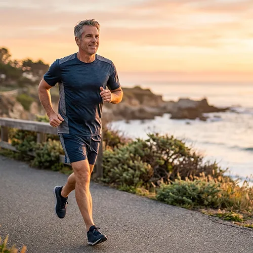 Middle-aged man jogging on a paved path by the ocean at sunset, wearing a navy t-shirt, shorts, and running shoes. Coastal landscape with plants and rocks in the background thinking about not having issues with his erection.
