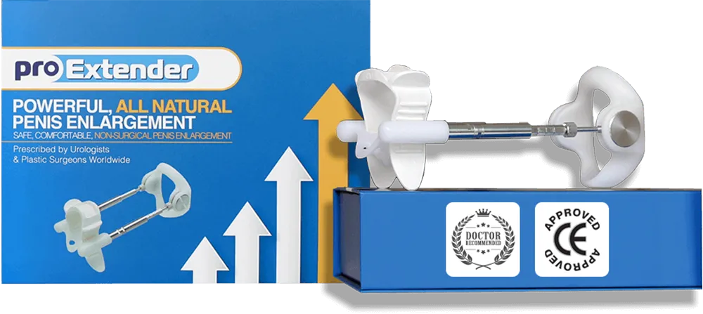 A boxed Pro Extender penis enlargement device is displayed alongside its packaging, which highlights features related to increased penis size and showcases certification and approval symbols.