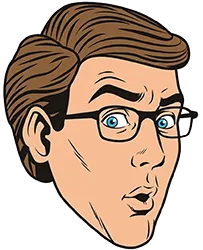Illustration of a man with brown hair, glasses, and blue eyes, looking surprised with raised eyebrows and slightly open mouth.