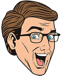 Cartoon illustration of a man's head with brown hair, glasses, blue eyes, and an open-mouthed, excited expression.