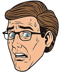Illustration of a man with brown hair and glasses, sweating and looking anxious or worried.