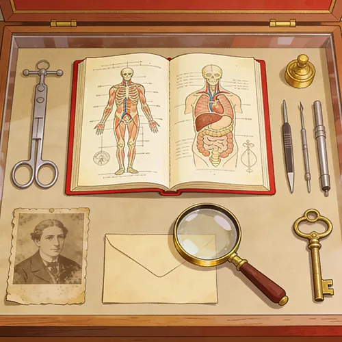 A tabletop display includes an open anatomy book, medical tools, a magnifying glass, a key, an old photo, and an envelope arranged neatly under a glass case.