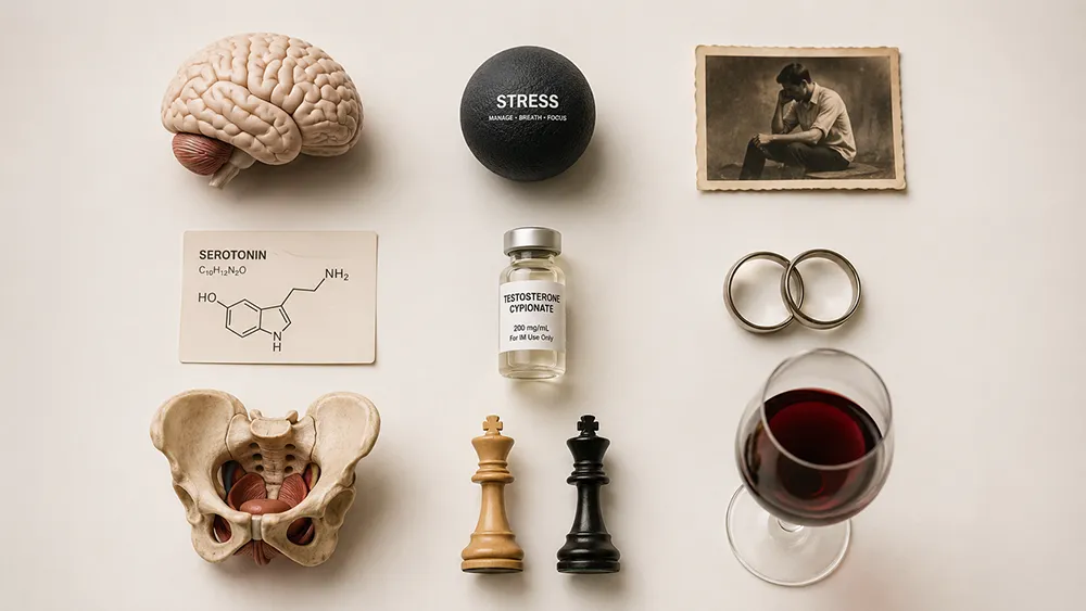 A flat lay of items including a brain model, stress ball, vintage photo, serotonin diagram, testosterone vial, wedding rings, pelvis model, chess pieces, and a glass of red wine—elements linked to causes of premature ejaculation.