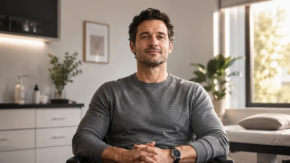 A man in a gray long-sleeve shirt sits with hands clasped, looking at the camera in a modern, well-lit room with plants and minimal decor, reflecting on his sexual experience.