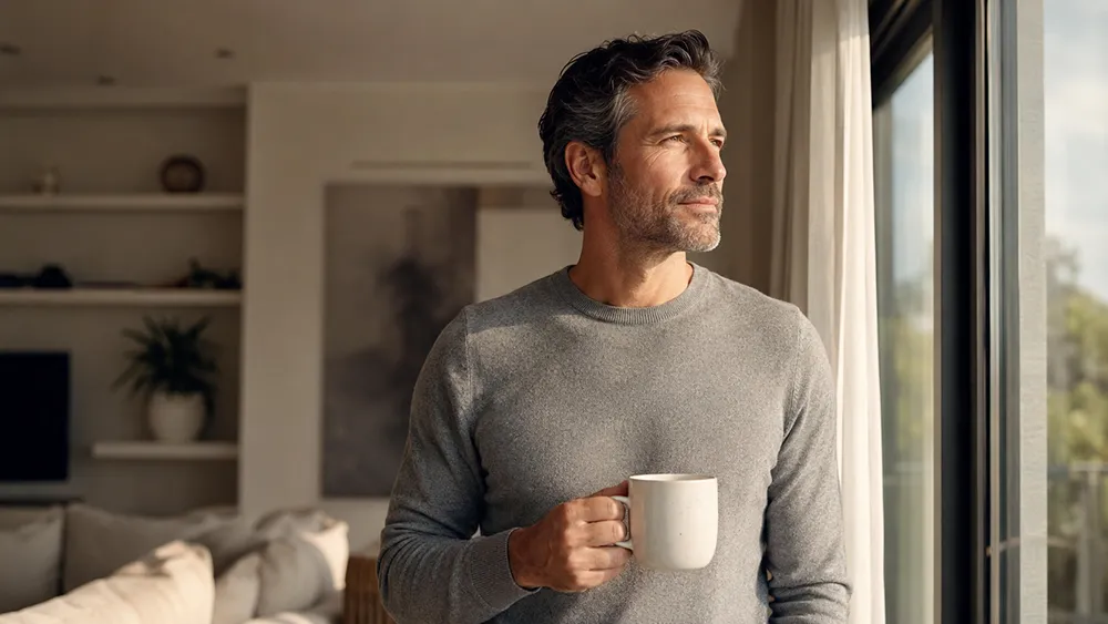 A man with gray hair holds a mug and looks out a window in a bright, modern living room, reflecting on dealing with his men's sexual health issues.