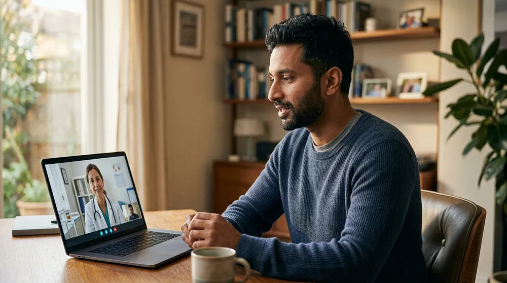 A man sits at a table in his home office, having a video call with a doctor on his laptop to discuss how to last longer in bed, with a mug in front of him.