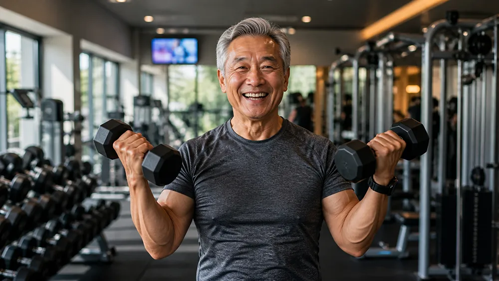 Older man in a gym smiling while holding two dumbbells, with gym equipment and mirrors visible in the background—staying active is important for preventing heart disease and supporting overall sexual health.