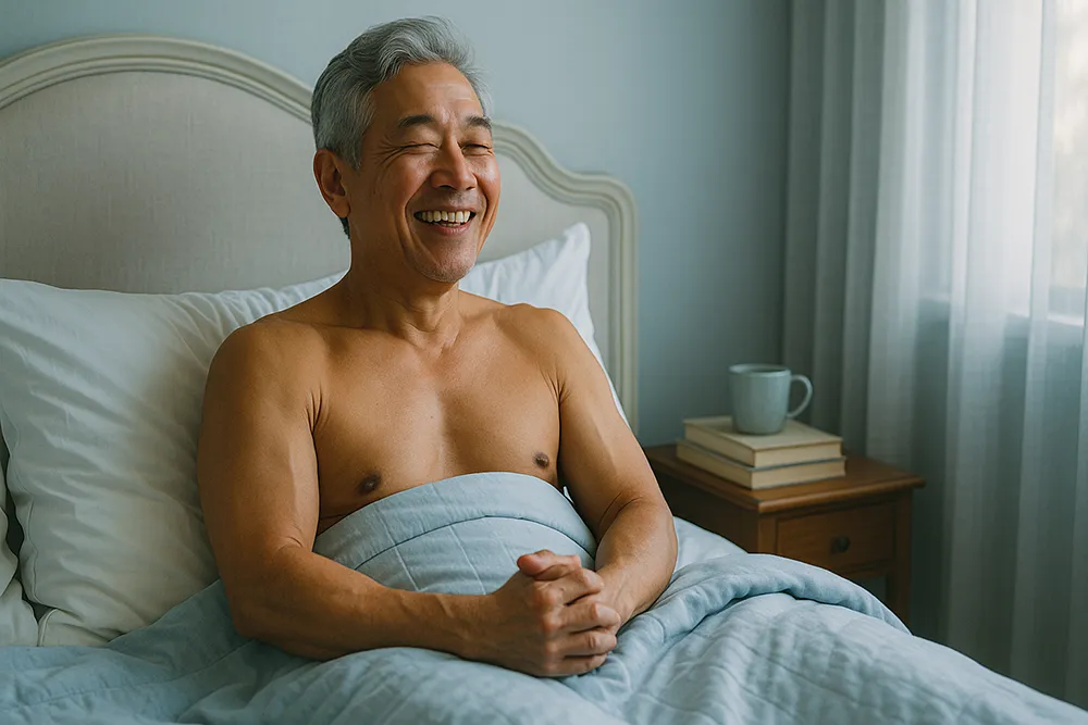 Older man sits upright in bed, smiling, with hands clasped on his lap under a blue blanket; a bedside table with books and a mug is visible, perhaps reflecting on the common experience of morning erections.