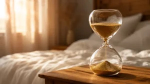 A glass hourglass with golden sand sits on a wooden bedside table in a sunlit bedroom, subtly symbolizing how to last longer in bed, with a neatly made bed in the background.