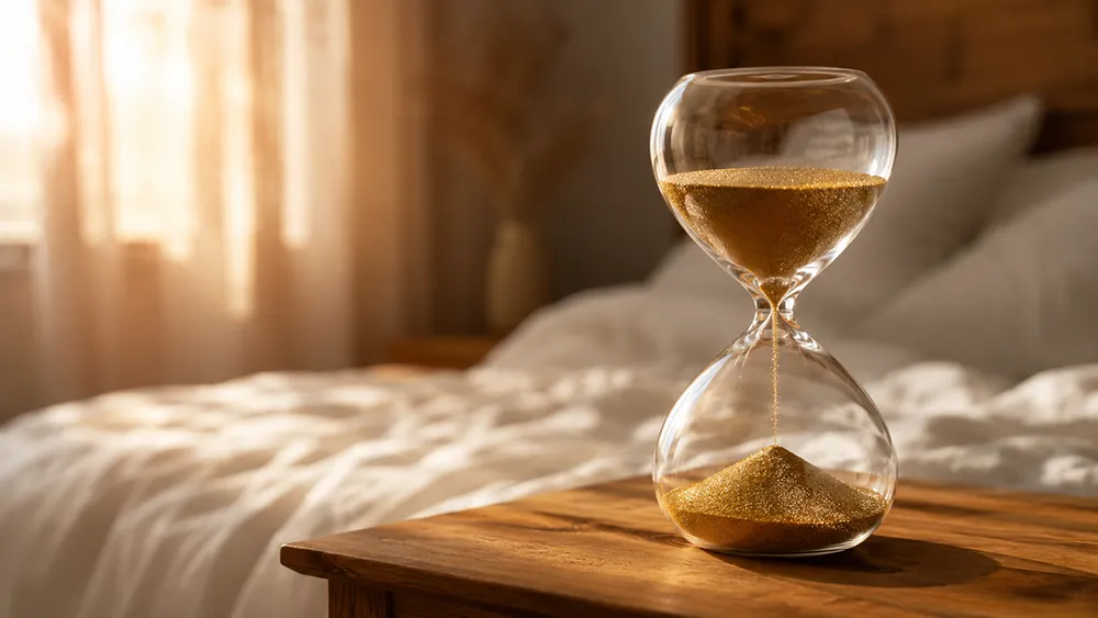 A glass hourglass with golden sand sits on a wooden bedside table in a sunlit bedroom, subtly symbolizing how to last longer in bed, with a neatly made bed in the background.