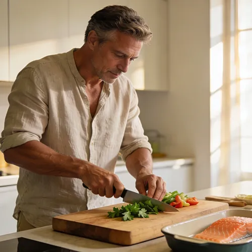 A man in a beige shirt chops fresh herbs and vegetables on a wooden cutting board in a kitchen, with a piece of salmon nearby. This guy understands a healthy lifestyle's impact on his sexual health.