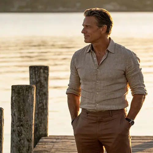 A man in a light beige shirt and brown pants stands on a wooden dock by the water at sunset, with hands in his pockets.