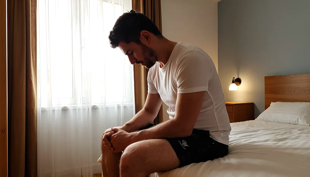 A man in a white t-shirt and black shorts sits on the edge of a bed in a dimly lit room, holding his knee and looking down, seemingly lost in thoughts about the causes of premature ejaculation.