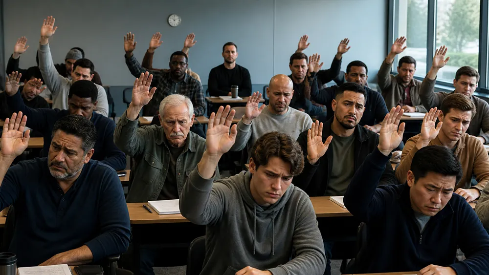 A group of men sit in a classroom, most with one hand raised, appearing attentive and engaged during a session focused on health topics like erectile dysfunction, heart disease, and testosterone.