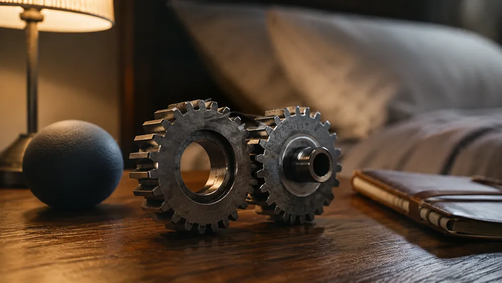 Two metal gears rest on a wooden bedside table beside a lamp, a blue stress ball often used for exercises to last longer, and a closed notebook.