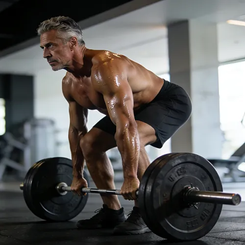 A shirtless man with well balanced testosterone in black shorts prepares to lift a loaded barbell in a gym, with visible sweat on his body.