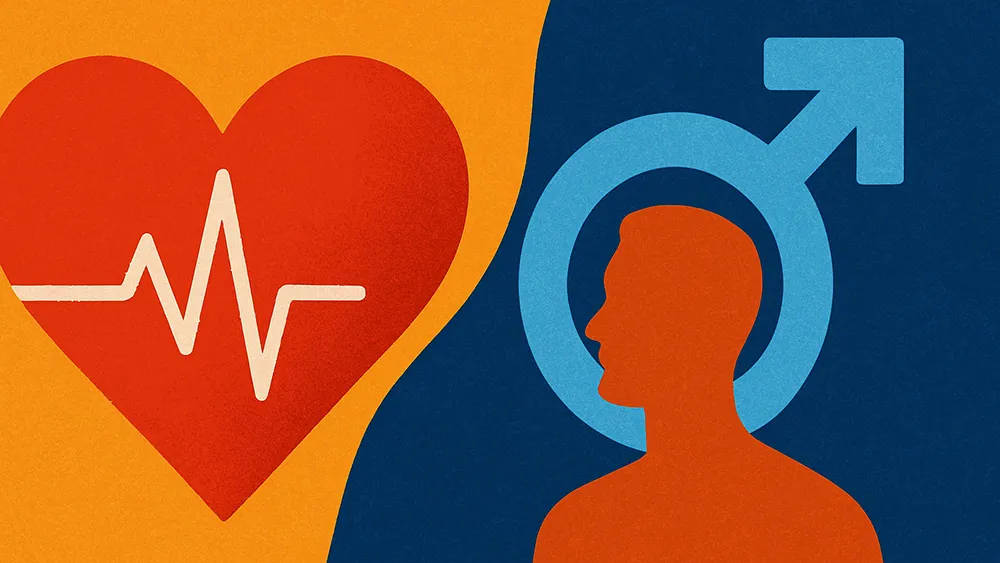 Illustration of a red heart with an EKG line on an orange background next to a male silhouette and Mars symbol on a blue background, highlighting the connection between nocturnal erections and heart health.