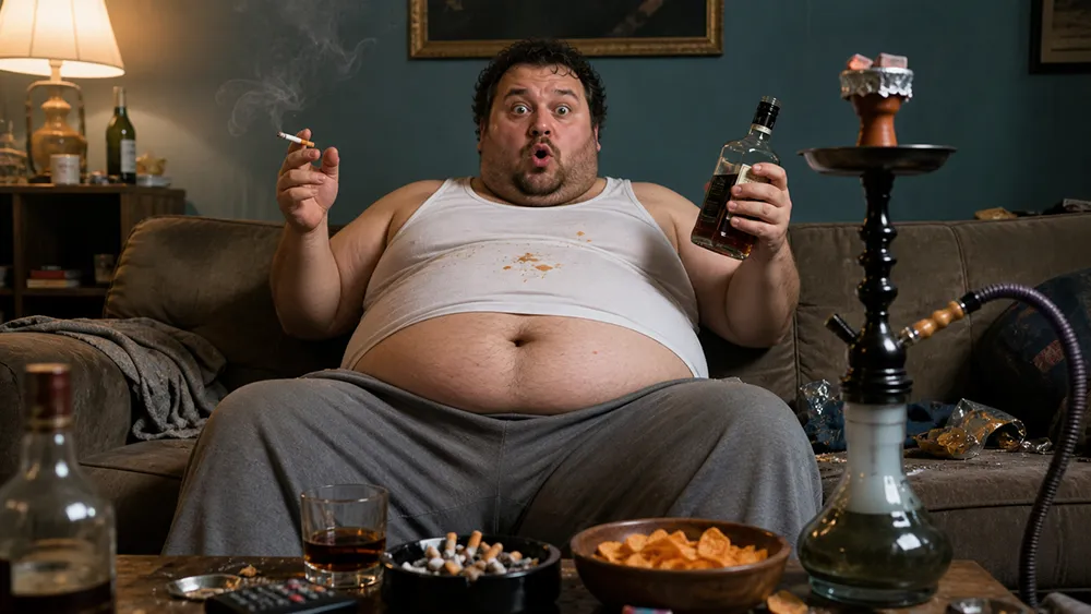 A man in a stained tank top sits on a couch holding a cigarette and a liquor bottle, surrounded by snacks, drinks, and a hookah on a cluttered table—habits that can increase the risk of heart disease and problems with one's penis.
