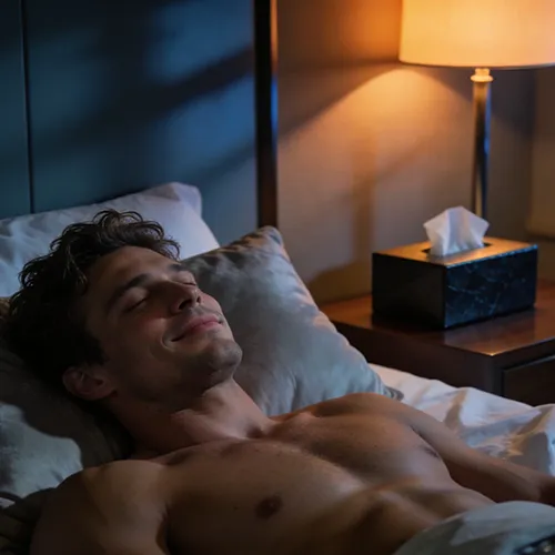 A shirtless man lies in bed with a content expression after masturbating, next to a nightstand holding a lamp and a tissue box.