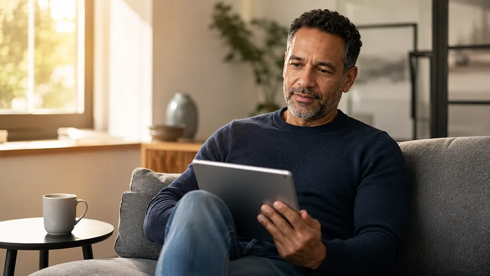 A man sits on a couch in a living room, holding and looking at a tablet, possibly researching Premature Ejaculation Treatments, with a mug on the table beside him.