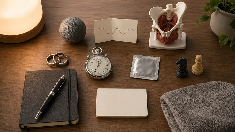A tabletop with a stopwatch, condom, pelvic model, chess pieces, rings, notebook with pen, towel, stress ball, blank cards, lamp, plant, and an anatomical diagram—perfect for learning exercises to last longer in bed.