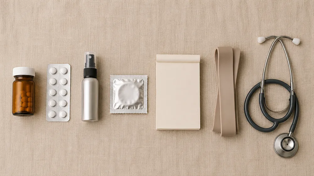 A bottle of pills, blister pack, spray bottle, condom, notepad, resistance band, and stethoscope arranged in a row on a beige surface—items commonly associated with Premature Ejaculation Treatments and erection health.