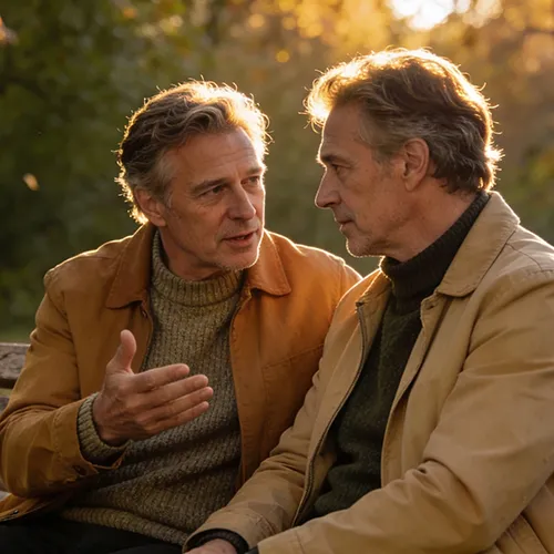 Two older men sit on a bench outdoors, engaged in a serious conversation about men's mental health, with autumn sunlight and trees in the background..