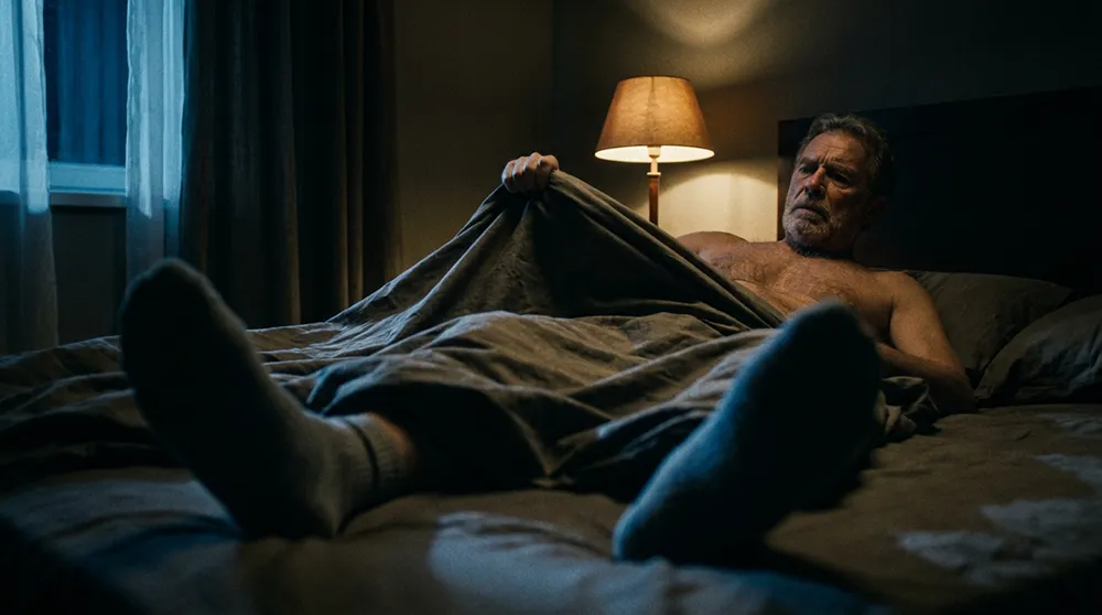 An older man sits up in bed under a blanket, looking concerned. The room is dimly lit with a lamp on the nightstand and curtains drawn over the window, as he wonders about morning wood and its benefits.
