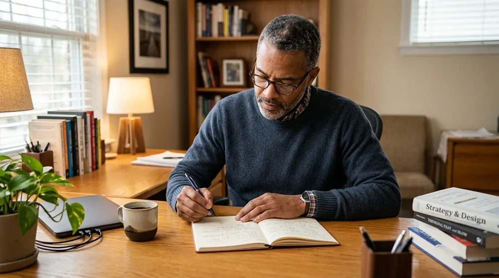 A man sits at a wooden desk in a home office, writing in a notebook with a mug nearby. Books on topics like Sexual Performance Anxiety Treatment, a plant, and a lamp are also on the desk. Shelves with books are in the background.