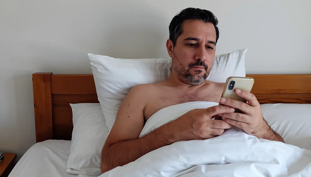 A man sits up in bed against white pillows and a wooden headboard, looking at his smartphone as he researches erectile dysfunction and ways to manage sexual performance anxiety.