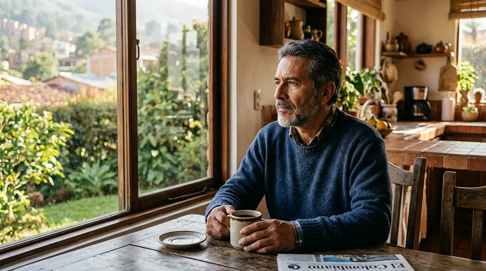 A man sits at a wooden table by a window holding a cup of coffee, looking outside as he considers options for sexual performance anxiety treatment. A newspaper is on the table and a kitchen is visible in the background.