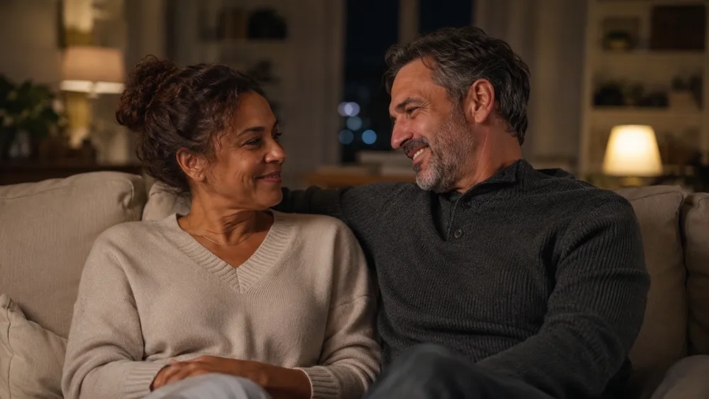 A middle-aged couple sits together on a couch at home, smiling and looking at each other warmly in a cozy, softly lit living room, feeling reassured after starting sexual performance anxiety treatment.