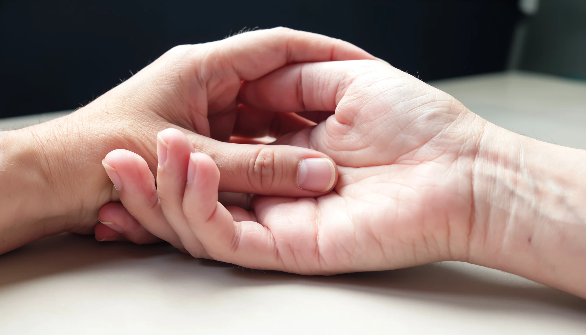 Two hands are gently holding each other on a light surface, with one hand resting inside the other—an image that reflects comfort and support, much like what’s offered through Sexual Performance Anxiety Treatment.