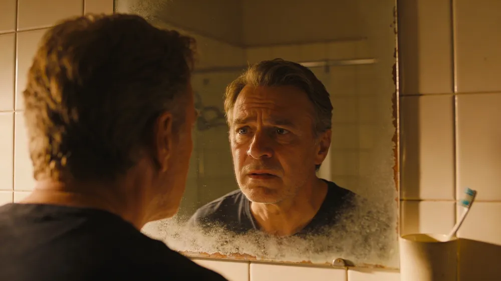 A man with short hair looks at his reflection in a worn, foggy bathroom mirror, appearing serious and contemplative—perhaps lost in thoughts about performance anxiety. A toothbrush is in a cup on the sink.