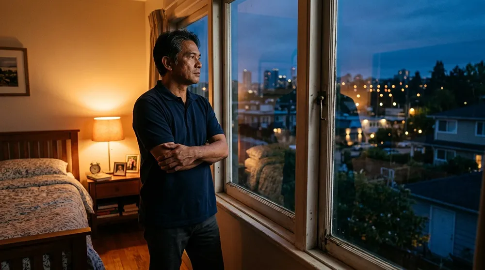 A man stands in a dimly lit bedroom, arms crossed, looking out a window at a cityscape during dusk, deep in thought about sexual performance anxiety.