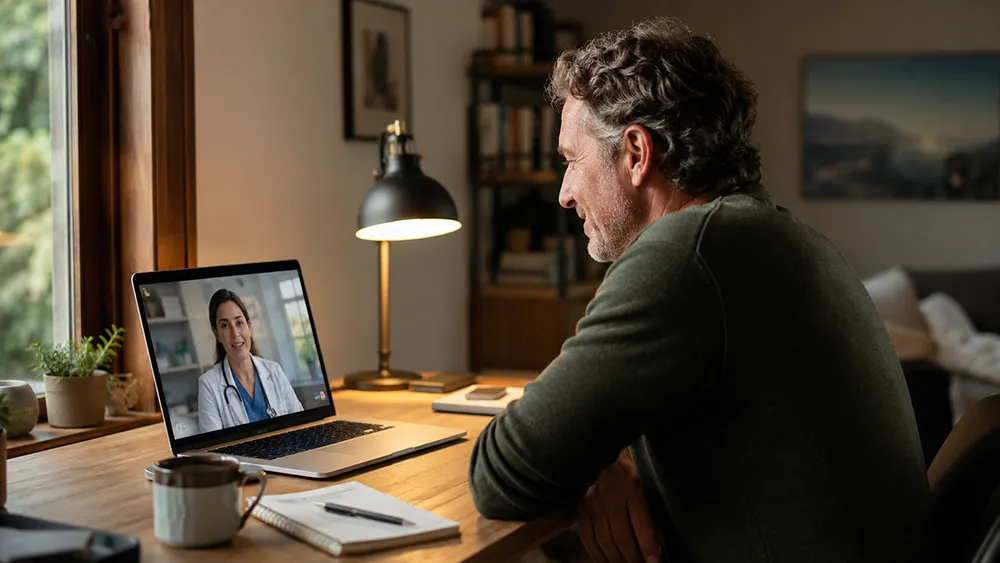 A man sits at a desk having a video call with a doctor about Sexual Performance Anxiety Treatment on his laptop in a home office setting, with a notebook and lamp nearby.