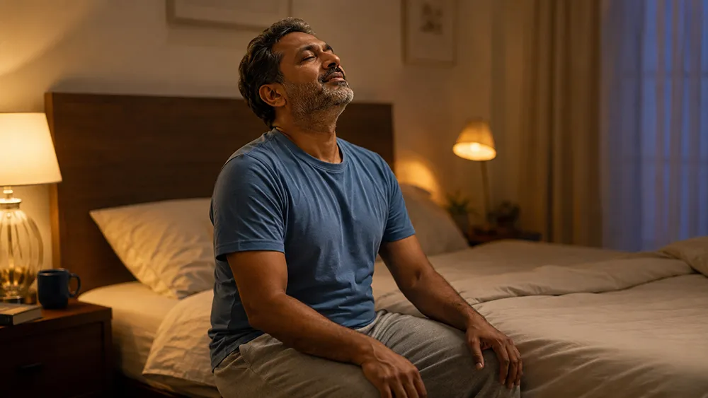 A man in a blue t-shirt and gray pants sits on the edge of a bed in a dimly lit bedroom, eyes closed and head tilted slightly back, possibly reflecting on the joy of sex.