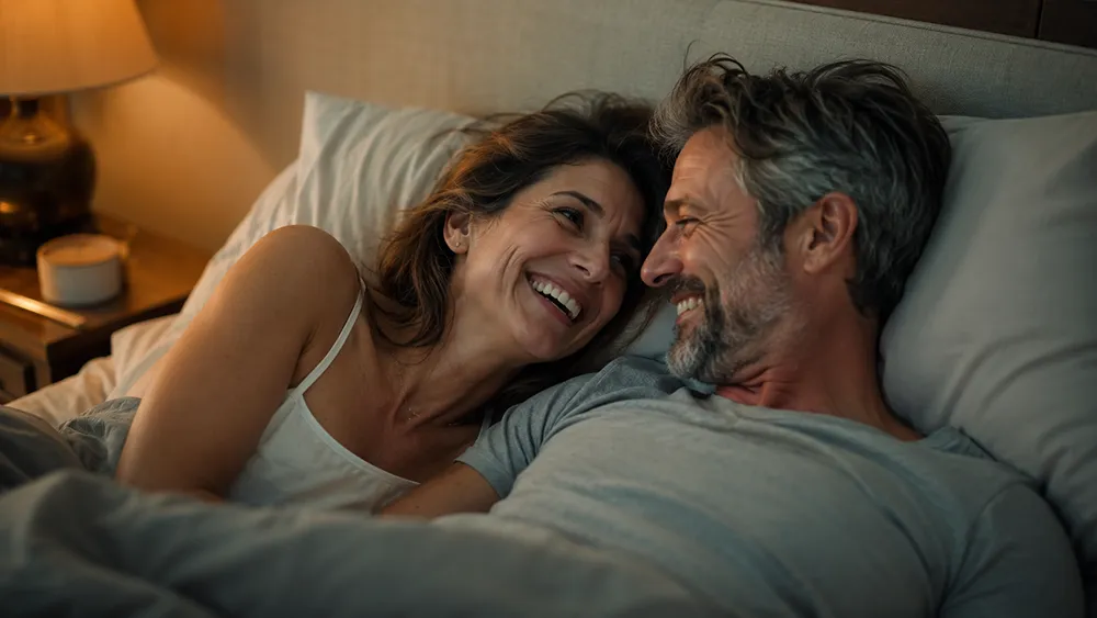 A middle-aged couple lies in bed together, smiling and looking at each other, with a lamp on a bedside table in the background, showing comfort and connection even when facing challenges like sexual performance anxiety.