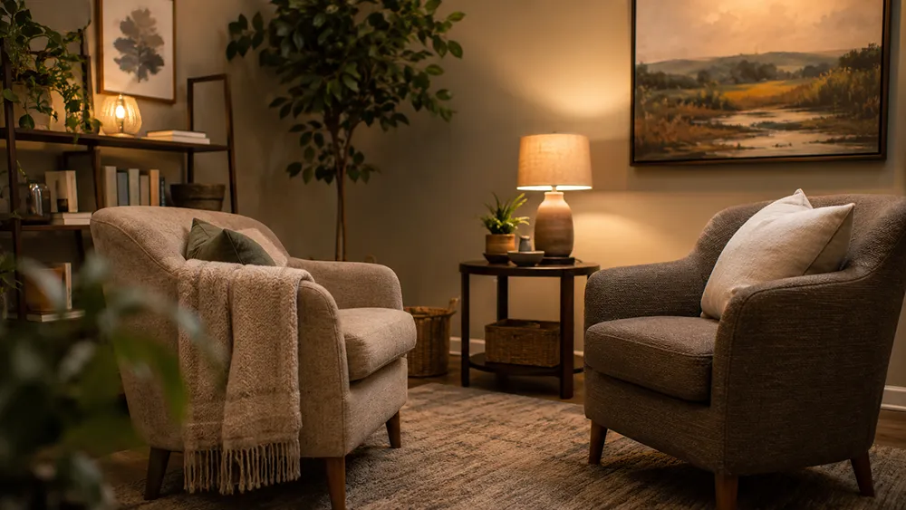 Two upholstered armchairs with pillows face each other in a warmly lit room, creating a calm setting ideal for conversations or Sexual Performance Anxiety Treatment, with a lamp on a side table, framed artwork, plants, and shelves in the background.