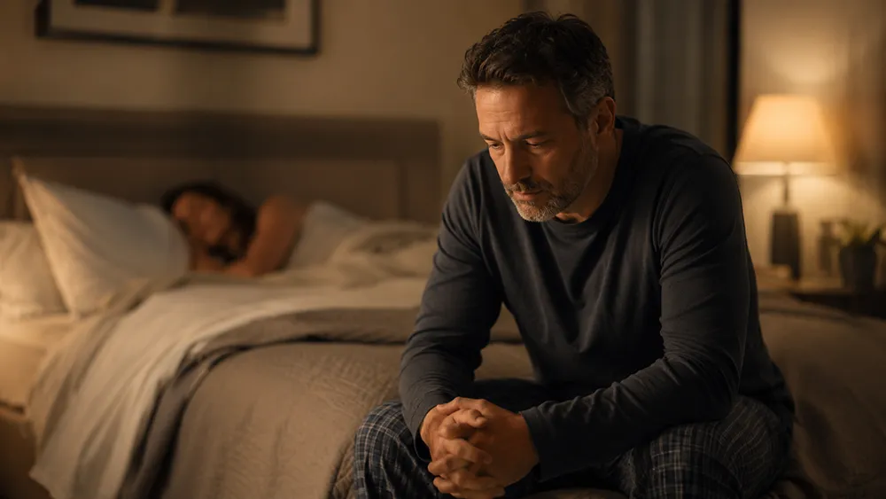 A man sits on the edge of a bed looking thoughtful, possibly struggling with sexual performance anxiety, while a woman sleeps in the background. The room is dimly lit by a bedside lamp.