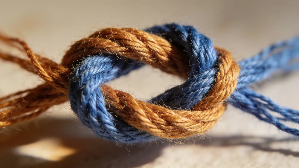 Close-up of a brown rope and a blue rope tied together in a knot on a neutral background, symbolizing the challenges of sexual performance anxiety and erectile dysfunction.