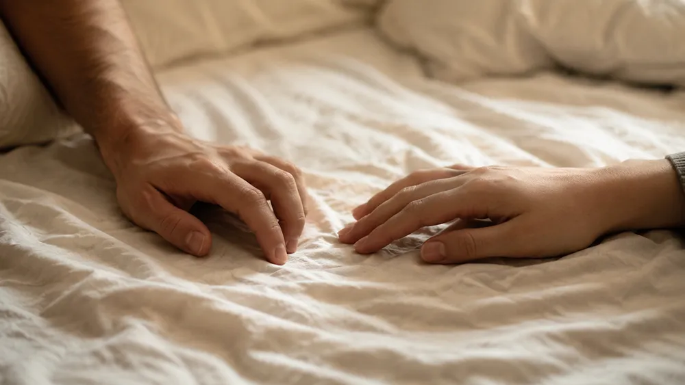 Two hands resting on a bedspread, positioned near each other but not touching, hinting at performance anxiety, with white bedding in the background.