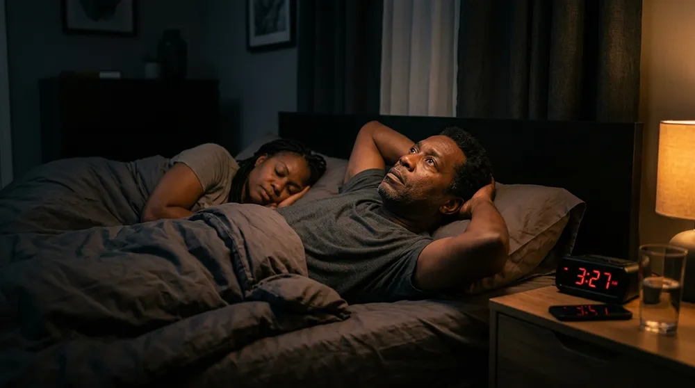 A man lies awake in bed at 3:27 a.m., staring at the ceiling, plagued by thoughts of performance anxiety, while a woman sleeps beside him. An alarm clock and a glass of water rest on the nightstand.
