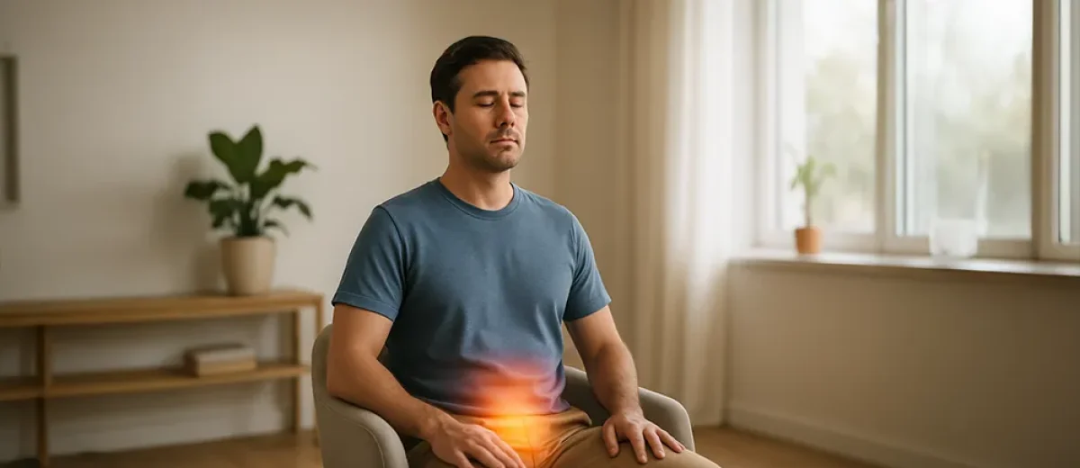 A man sits with eyes closed on a chair indoors, hands on thighs, with a glowing light effect around his lower abdomen, suggesting the benefits of Kegel exercises for men.