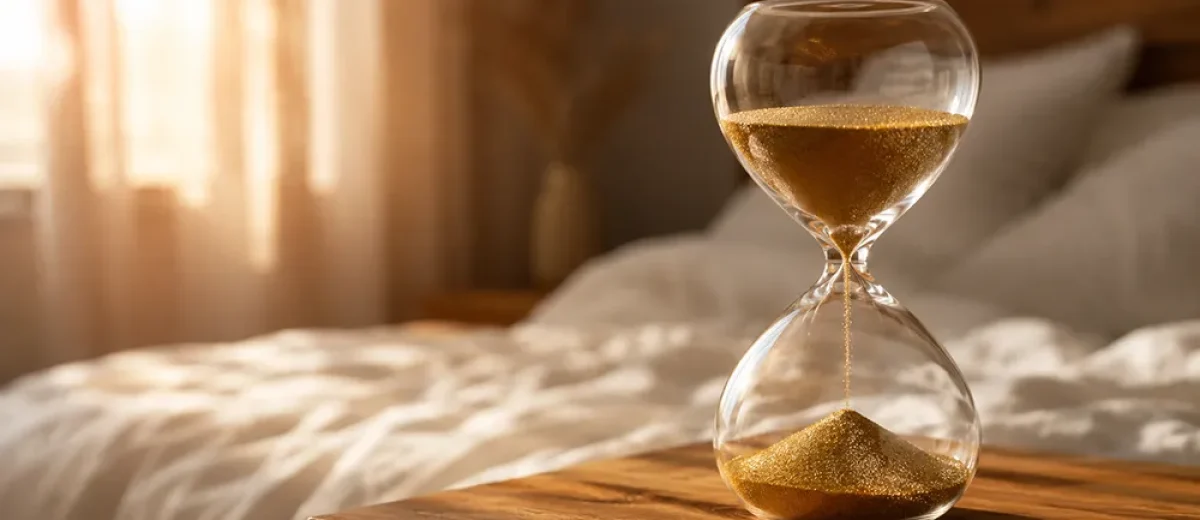 A glass hourglass with golden sand sits on a wooden bedside table in a sunlit bedroom, subtly symbolizing how to last longer in bed, with a neatly made bed in the background.
