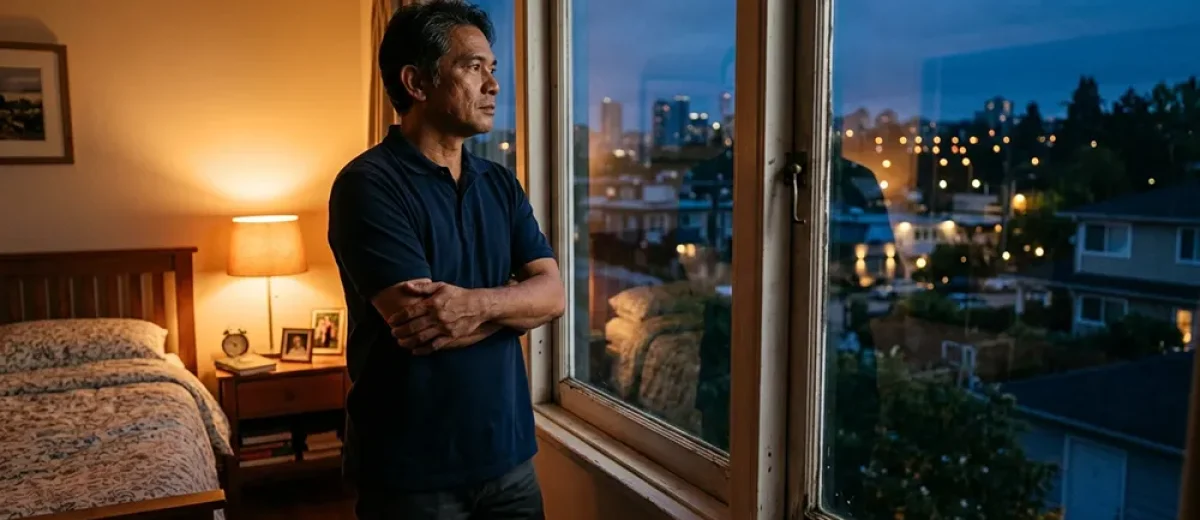 A man stands in a dimly lit bedroom, arms crossed, looking out a window at a cityscape during dusk, deep in thought about sexual performance anxiety.