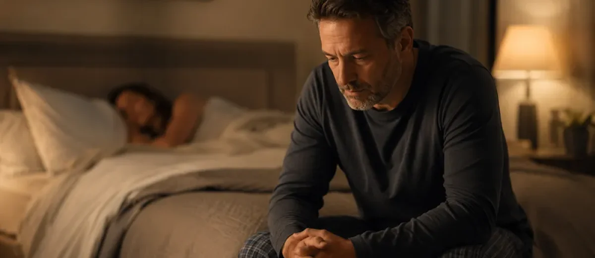 A man sits on the edge of a bed looking thoughtful, possibly struggling with sexual performance anxiety, while a woman sleeps in the background. The room is dimly lit by a bedside lamp.